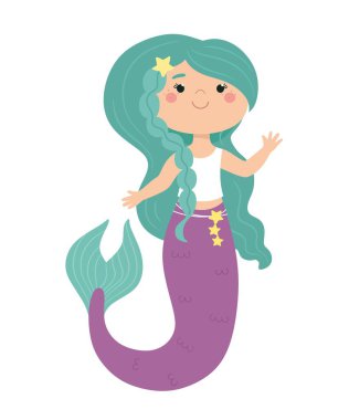 Çizgi film tarzında şirin bir deniz kızı. Çocuk resimleri, kıyafet baskısı, çıkartma, poster. Vektör.
