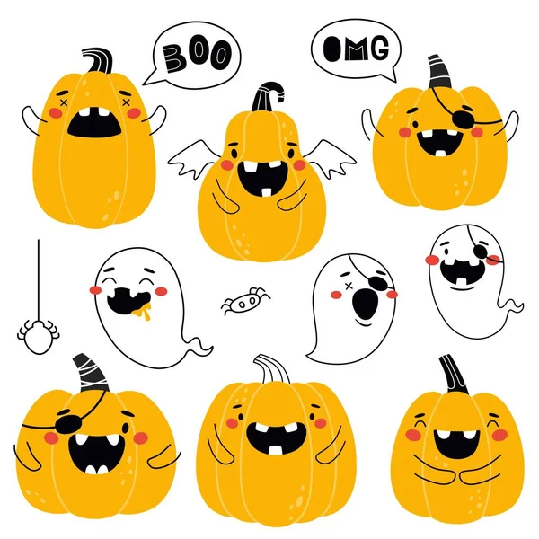 Halloween Pumpkins Ghosts Collection Outline Vector Isolates Prints Funny Pumpkins — Stock Vector