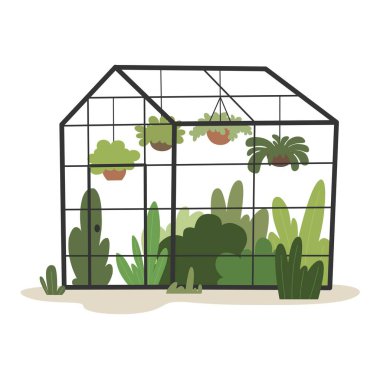 Elle çizilmiş bitkilerle dolu bir sera. Tarımın düz biçimdeki vektör illüstrasyonu.