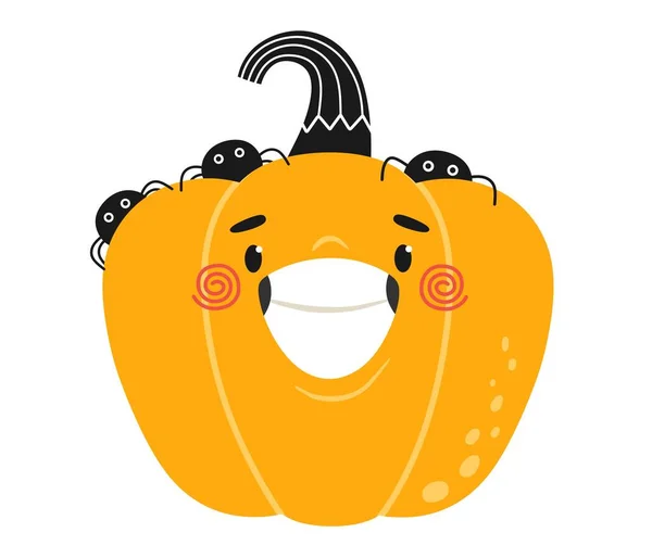 Glada Och Glada Pumpa Med Spindlar För Halloween Barnens Illustration — Stock vektor