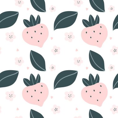 Pembe çilekleri ve kalpleri olan hoş, pürüzsüz bir desen. İskandinav tarzı. Vektör illüstrasyonu.