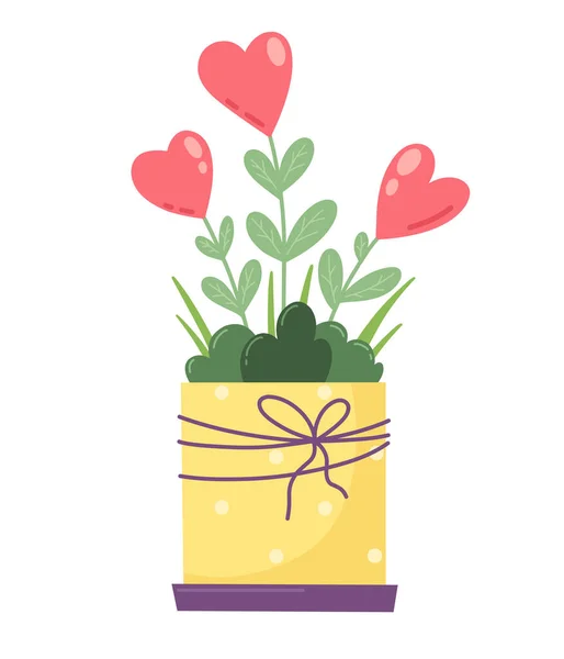 Love Flower Red Heart Tree Growing Pot Valentine Day Design — Stockový vektor