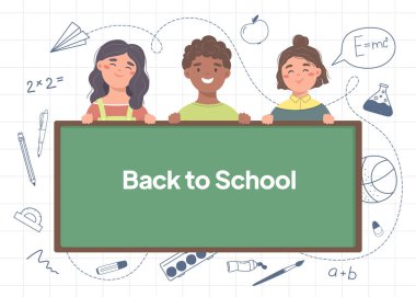 Şirin çocuklar ve okul yönetim kuruluyla okula dönüş konsepti. Eğitimin vektör illüstrasyonu.