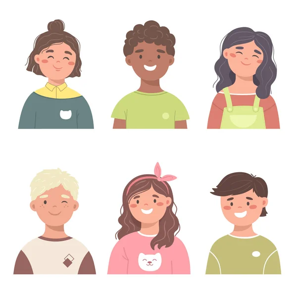 Conjunto Avatares Infantiles Niños Niñas Sonrientes Con Diferentes Peinados Etnicidad — Vector de stock