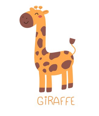 GIRAFFE sözcüğüyle sevimli ve neşeli zürafa, çocuk resimleri, çocuk kıyafetleri, kartpostallar, afişler, dekorlar. Vektör illüstrasyonu.