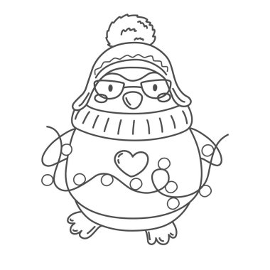 Cute penguin with garland coloring page. Merry Christmas. Vector illustration outline, doodle style. clipart