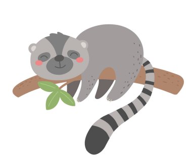 Şirin egzotik lemur bir dala tutunuyor. Çocuk resimleri, çizgi film tarzında vektör karakteri, çocuk kıyafetleri için baskı.