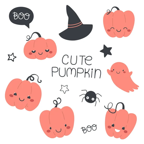 Cute Set Pumpkins Childrens Halloween Illustration Vector Isolates White Background — Stock Vector