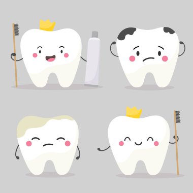 Neşeli ve üzgün dişler, çizgi film tarzında sevimli karakterler. Vektör izolasyonu.