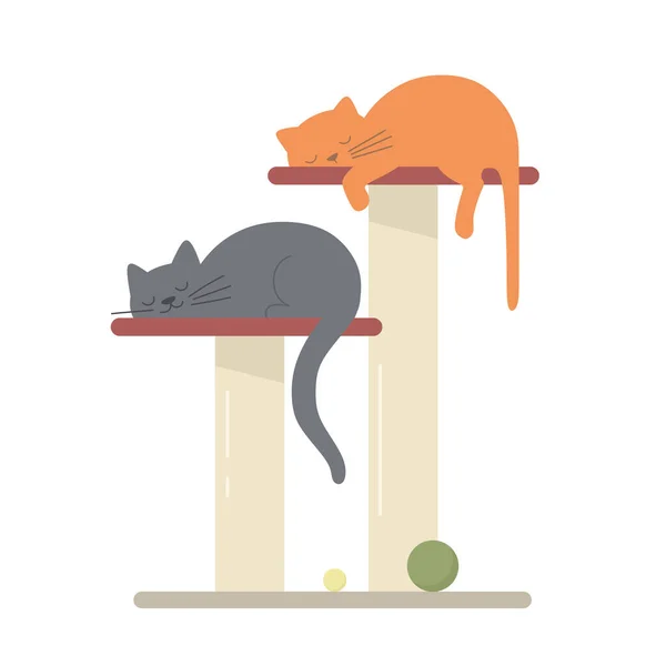 Katten Slapen Krabpalen Vector Illustratie Platte Stijl — Stockvector