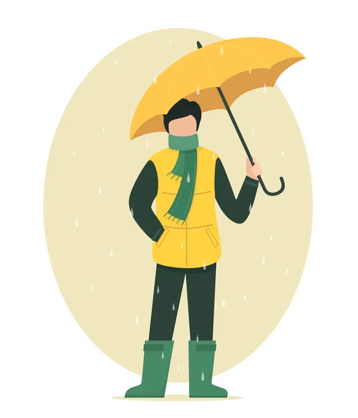 Young Man Umbrella Stands Rain Vector Illustration Autumn Weather — Stock Vector