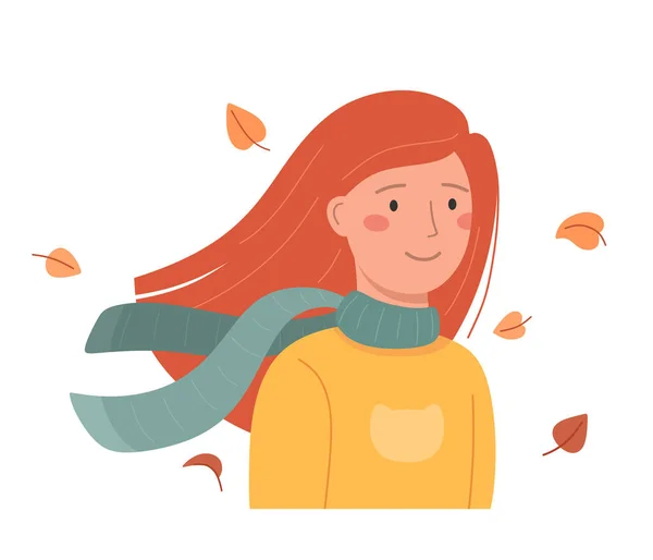 Šťastná Dívka Šátkem Letícími Podzimními Listy Vektorová Ilustrace — Stockový vektor