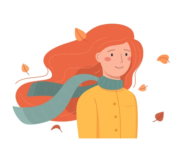 Счастливая Девушка Шарфом Летящими Осенними Листьями Векторная Иллюстрация — стоковый вектор