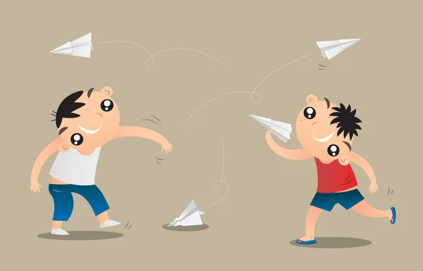 Zwei Kleine Jungen Spielen Papierflugzeug Fliegen — Stockvektor