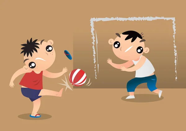 Dos Niños Jugando Fútbol Con Una Pequeña Pelota Plástico Los — Vector de stock