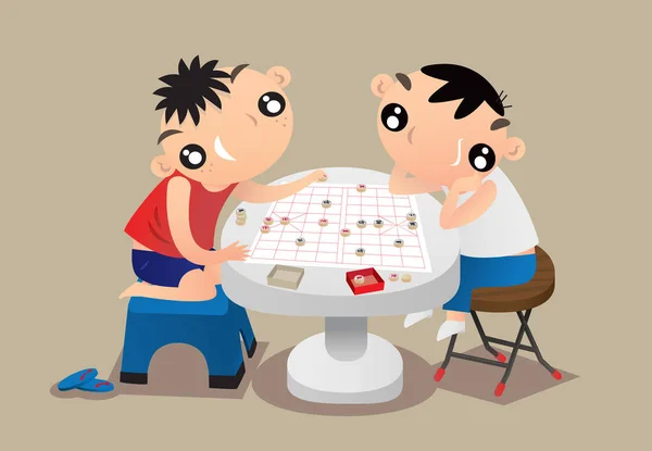 Rajzfilm Illusztráció Két Gyerek Játszik Hagyományos Kínai Sakk — Stock Vector