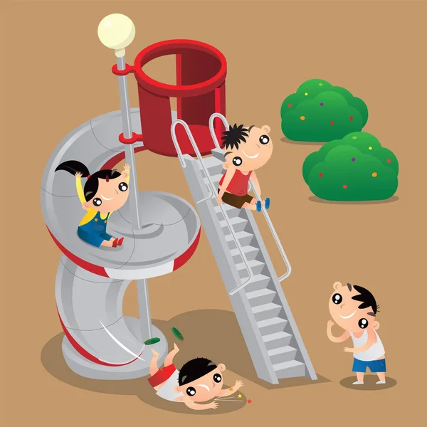 いくつかの香港の子供たちが昔ながらの遊び場のスライドで遊んでいる漫画のイラスト — ストックベクタ