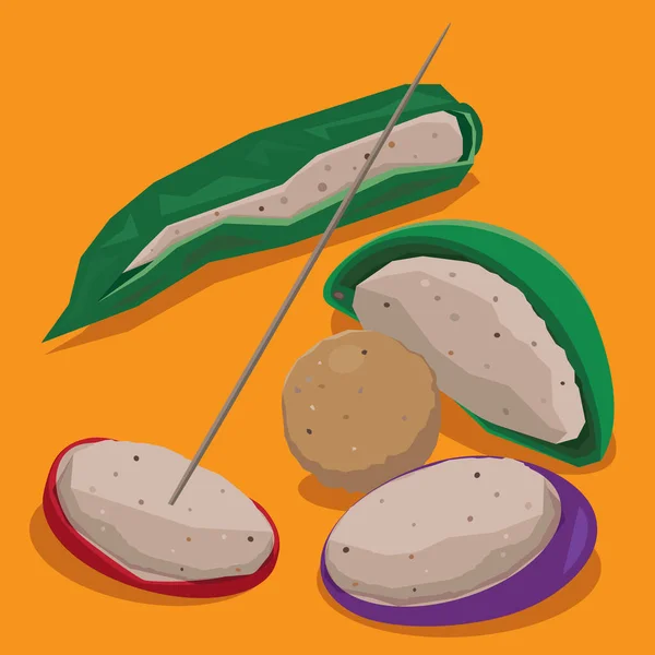 Ilustración Vectorial Merienda Callejera Hong Kong Tres Tesoros Rellenos Berenjena — Vector de stock