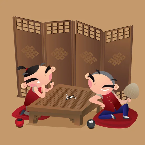 Desenhos Animados Ilustração Duas Crianças Chinesas Jogando Jogo — Vetor de Stock