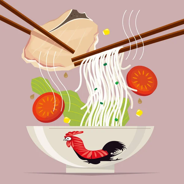Tipikus Hongkongi Stílusú Rizstészta Sertéshússal Készült Ételének Grafikus Illusztrációja — Stock Vector