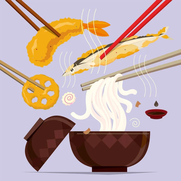 Vektor Illusztráció Egy Étkezés Japán Tempura Udon Tészta — Stock Vector