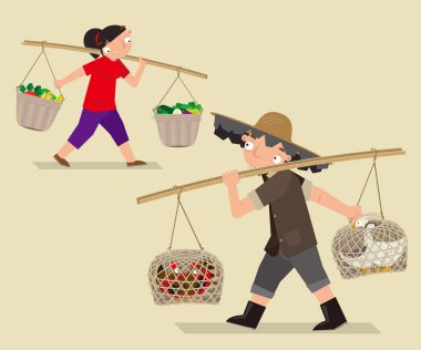 Asyalıların karikatür çizimleri eski zamanlarda yük taşımak için bambu çubuğu taşırdı..