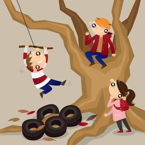 Illustration Bande Dessinée Certains Enfants Jouant Swing Corde Grand Arbre — Image vectorielle