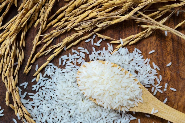 Wooden Bowl Rice Rice Rice Ears Background Copy Space Your — Stock Photo, Image