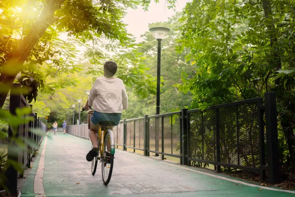 Hermosa Chica Sonriente Está Montando Bicicleta Parque Enfoque Suave —  Fotos de Stock