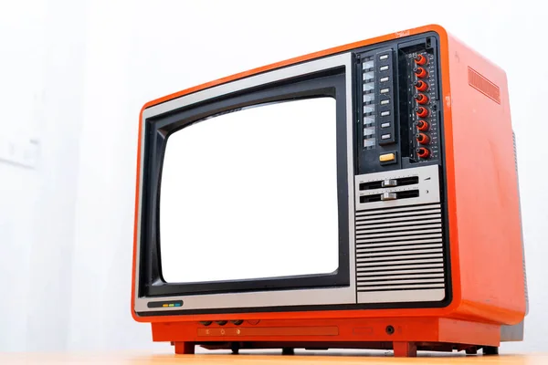 老式电视机被隔离了 复古电视 旧式红色电视机 复古技术 古代电视概念 — 图库照片