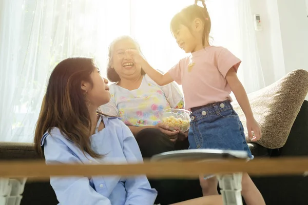 Asian Niece Grandma Enjoying Living Rooms Homes — Stock Photo, Image