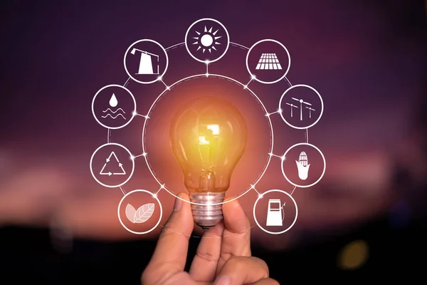 Ecology Concept Power Energy Nature Hand Holding Lightbulb Solar Icons — Stock Photo, Image