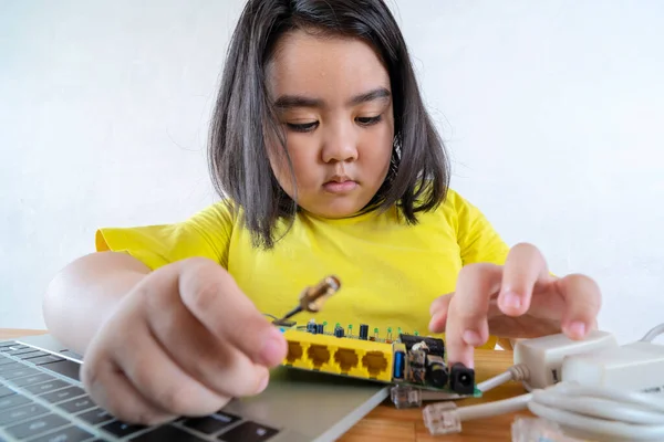 Donne Asiatiche Stanno Imparando Semplici Circuiti Elettrici Imparando Dal Computer — Foto Stock