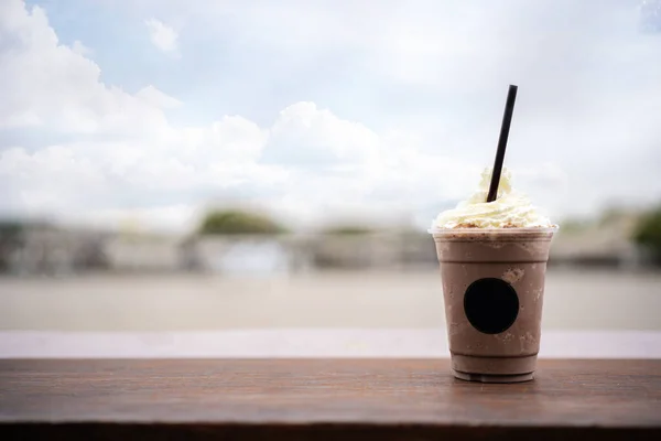 Iced Chocolate Milkshake Whipped Cream Wooden Terrace Riverside Background — Stok Foto