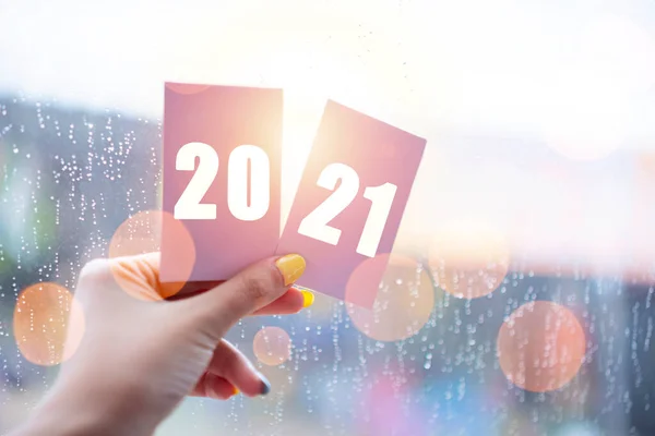 Woman Holding Paper Card Labeled 2021 Marking Start New Year — ストック写真