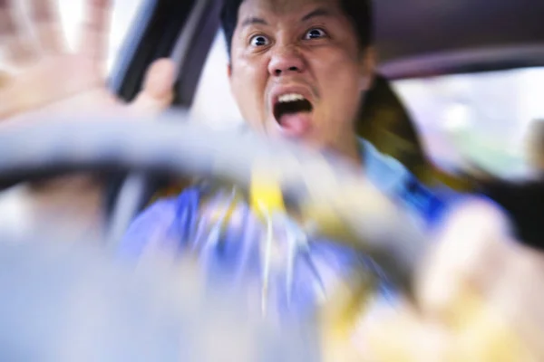 Young Man Driving Car Shocked Have Traffic Accident Windshield View — 图库照片