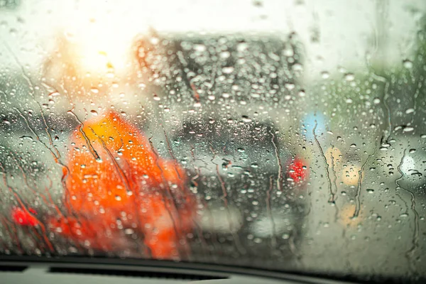 Street Heavy Rain Water Drops Rain Front Mirror Car Road — Stock Photo, Image
