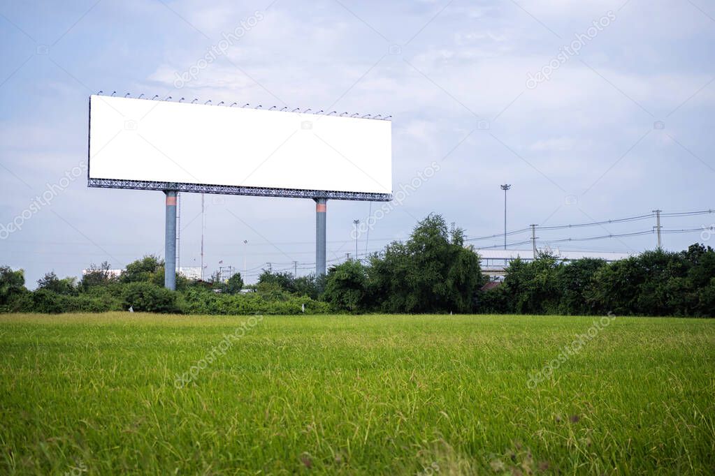 blank billboard on the sideway in the park. image for copy space, advertisement, text and object. white billboard in natural green.