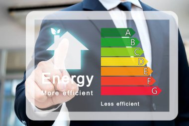 Sürdürülebilir kalkınma için binaların enerji verimliliği derecesi. İşadamı enerji verimliliği derecelendirme tablosuna ve performans, verimlilik, çevre koruma konseptine işaret ediyor.
