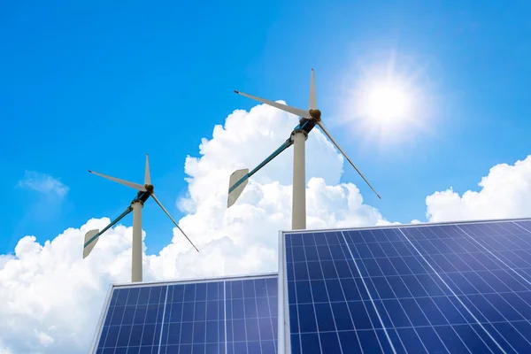 Solar and wind power, clean energy. Photovoltaic and wind generators under clear skies, power plants with solar panels and eolic turbines, concept and eco energy.