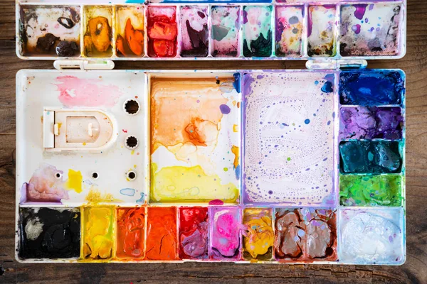 Palette Water Paints Table Many Color Palette Water Paints — Stock Photo, Image