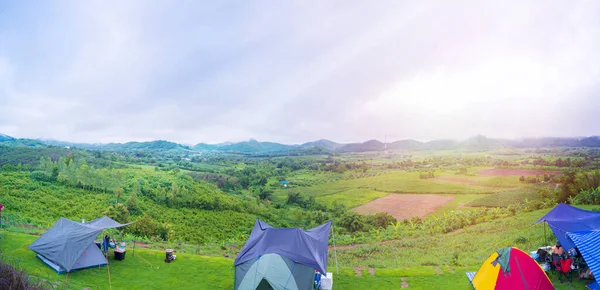 Camp Pitch Tent Forest Hill Beautiful Morning Sun Tent Yard — Stock Photo, Image