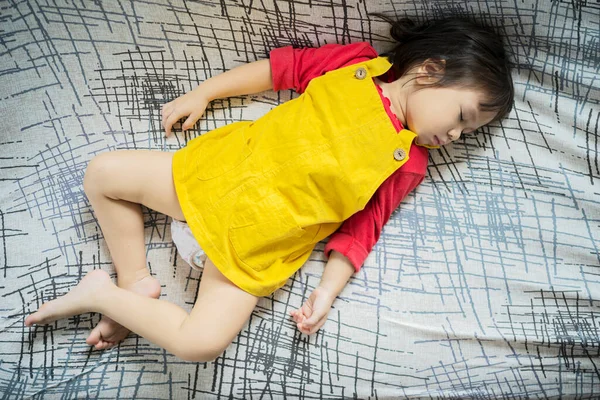 Asian Children Girl Sleeping Bedroom Wearing Pampers Prevent Urinating Mattress — Stock Photo, Image