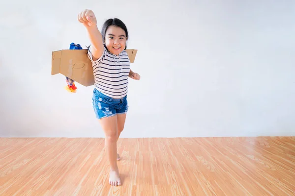 Child Plays Astronaut Costume Dreams Becoming Spaceman White Wall Background — Stock Photo, Image