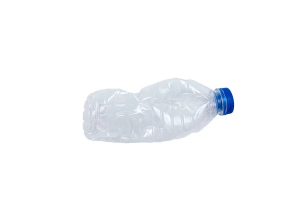 Bouteille Plastique Transparent Bouchon Bleu Broyé Sur Fond Blanc Une — Photo