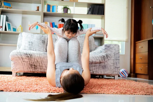 Beautiful Young Woman Charming Little Girl Smiling While Doing Yoga — Stock Photo, Image