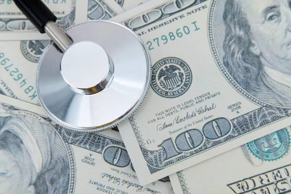 Close Stethoscope Dollar Bills Heap Dollars Stethoscope — Stock Photo, Image