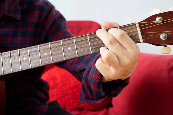 Close Man Hand Playing Guitar Person Playing Acoustic Guitar — Stock Fotó