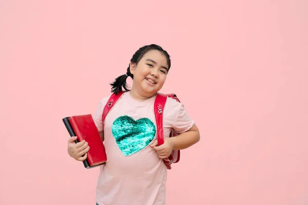 Cute Female Students Carrying School Bag Ice Cream Isolated Pink — Stock Photo, Image