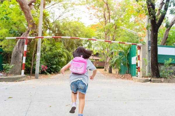 Back School Cute Asian Child Girl Backpack Running Going School — Stock Photo, Image